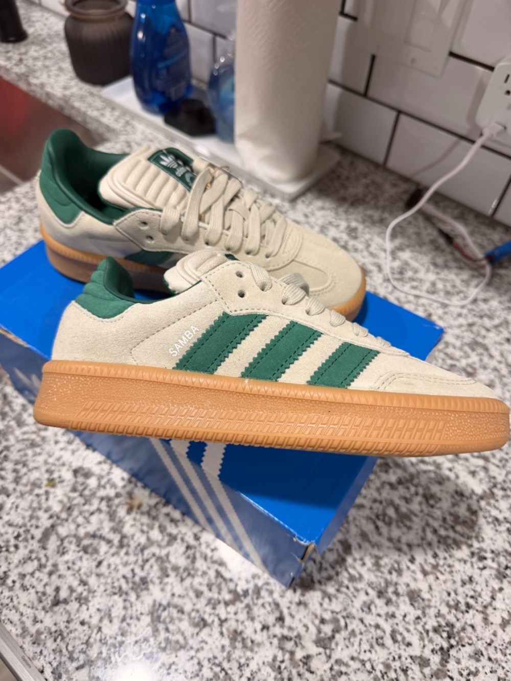 adidas Samba Cream Suede Sneakers with Green Stripes and Gum Sole